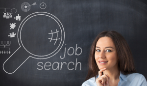 Dentist looking for jobs in front of blackboard with job search written on it